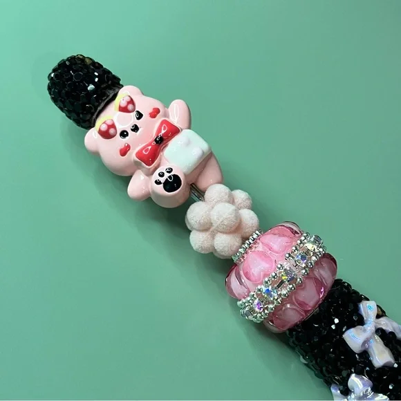 Cute Pink and Black Rhinestone Bow Bear Handmade Beaded Pen - Picture 2 of 6